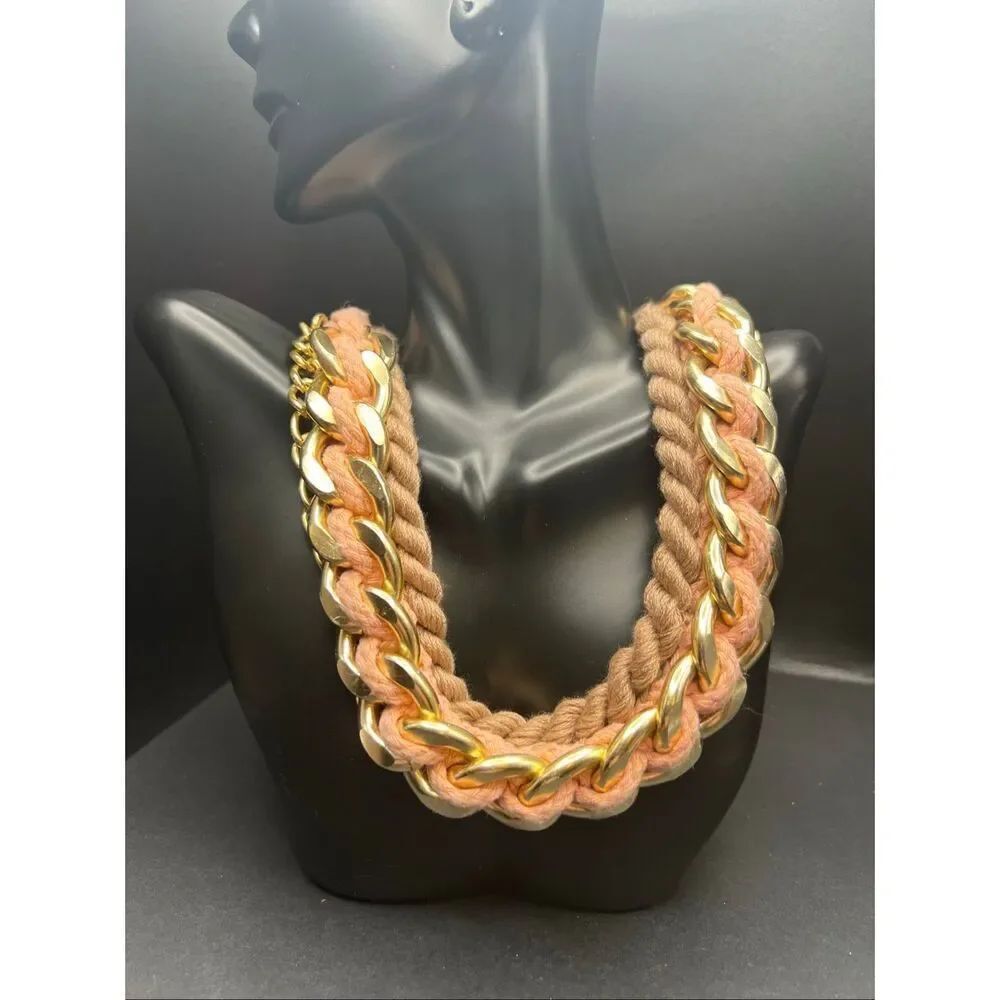 Gold Tone Tan Brown Peach Pink Chunky Chain Entwined Yarn Twist Necklace